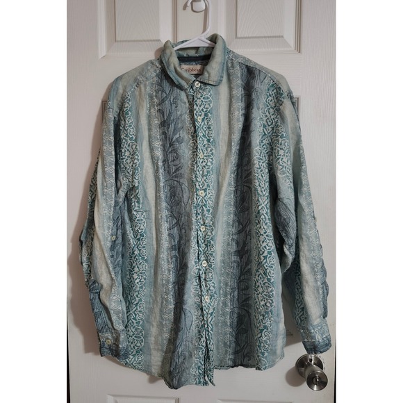 Caribbean Other - Caribbean Mens 100% Linen Long Sleeve Button Down Shirt Blue Floral Stripe Large